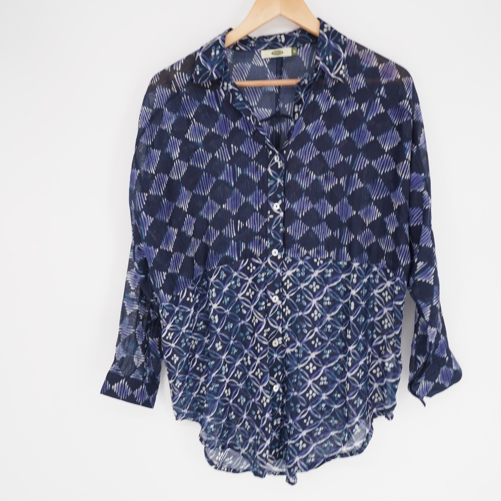 Dolma Boho Tunic Top Womens M Blue Geometric Cotton Lightweight Button Up Shirt